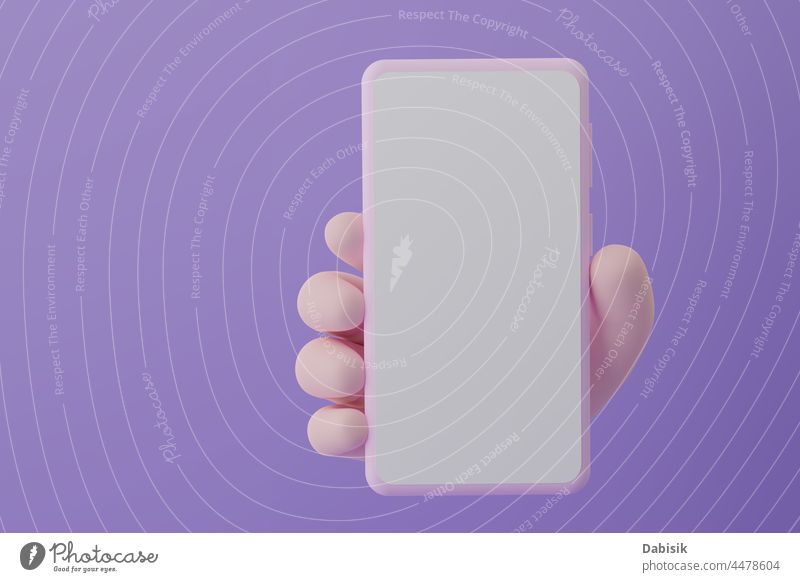 Animation Hand hält Smartphone mit weißem Bildschirm auf violettem Hintergrund, 3d Illustration Attrappe Telefon Mobile sozial Charakter rendern App