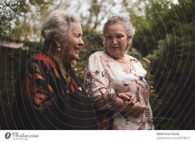 Fröhliche Seniorinnen im Garten Frauen alt älter Generation in den Ruhestand gehen Zusammensein Freund Glück Kommunizieren Rentnerin Zeit verbringen Buchse