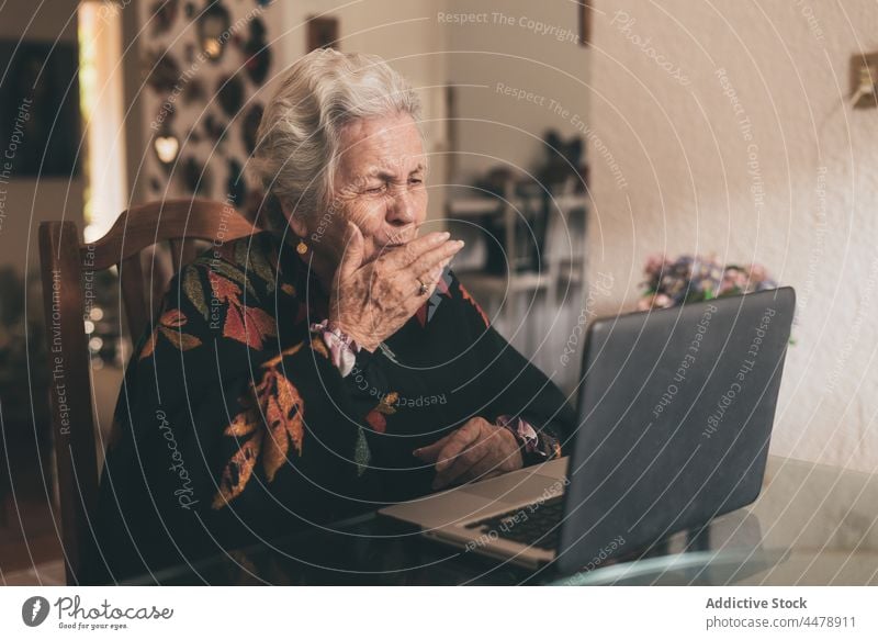 Ältere Frau im Gespräch mit Verwandten am Laptop Videoanruf positiv reden Luftkuss Kommunizieren Internet sprechen Video-Chat Apparatur heimwärts Telefon