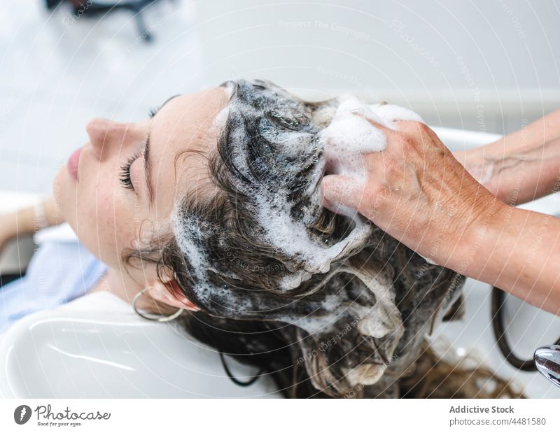 Meister wäscht dunkles Haar einer Kundin Kunde Frau Klient Friseur Waschen Salon professionell Dienst Becken Pflege schäumen Frisur Sauberkeit Prozess