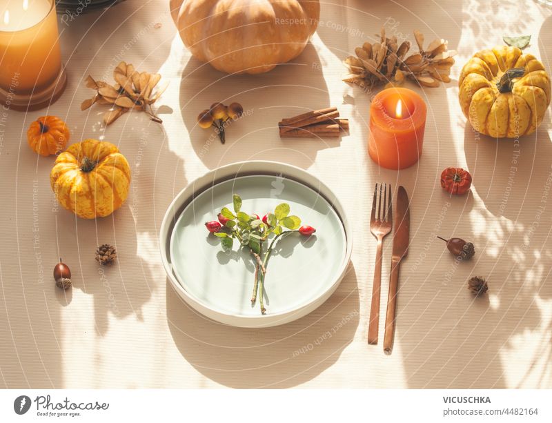 Herbstliche Tischdekoration mit Kürbissen, brennenden Kerzen, Eichel und Teller mit Hagebutte und Besteck auf Tisch mit beiger Tischdecke. Gemütliches, sonniges Herbstkonzept mit natürlichem Licht. Ansicht von oben.