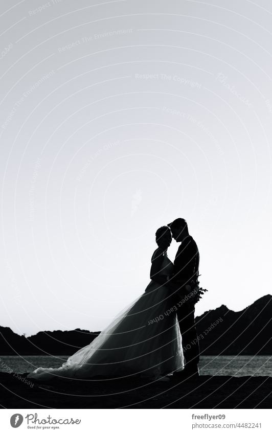Silhouette eines frisch verheirateten Paares gegen den Himmel Hochzeit Ehemann Ehefrau Liebe Textfreiraum MEER Hintergrundbeleuchtung heterosexuell Braut