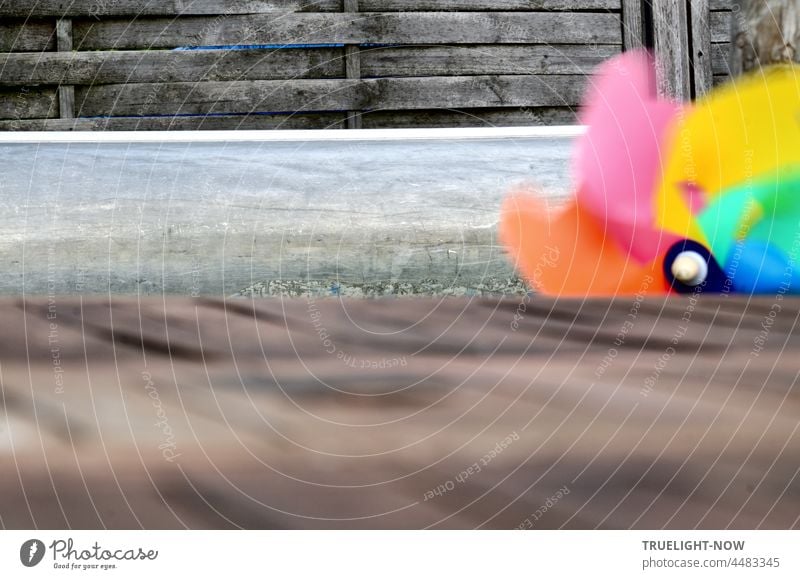 Ein farbiges, bewegtes Windrad schaut über einen Holztisch im Garten; im Hintergrund ein Sichtschutz Element aus Holz bunt Spielzeug Zaun Bewegungsunschärfe
