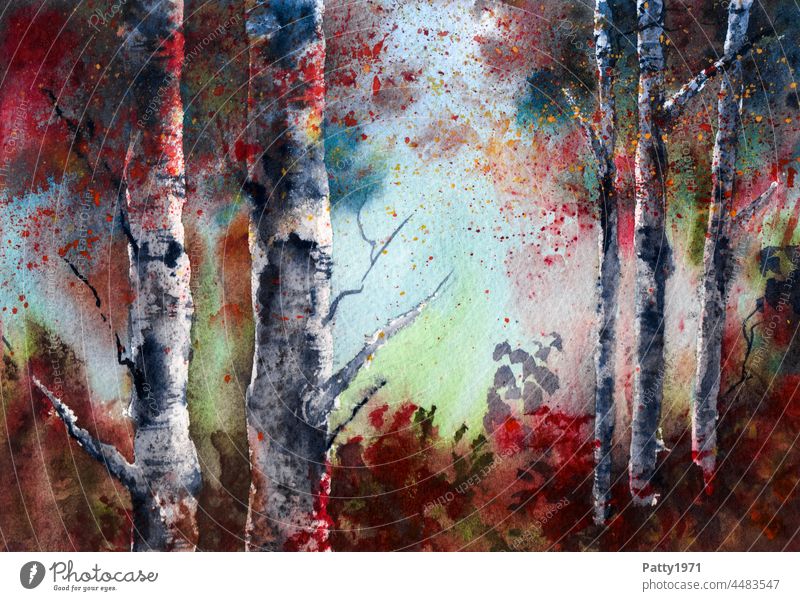 Herbstlicher Birkenwald. Aquarell Kunst Menschenleer Landschaft Umwelt Natur Baum Wald Illustration Unterholz Zentralperspektive