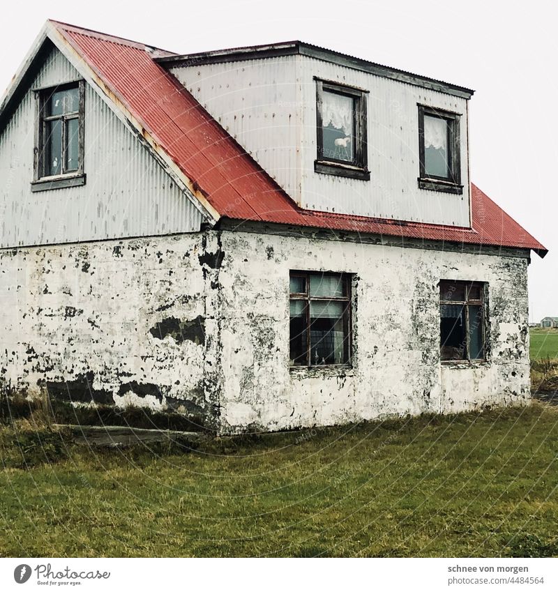 grau in grau mit rotem dach island haus wetter Außenaufnahme Menschenleer Farbfoto Landschaft Hütte Wiese Einsamkeit Tag Haus Natur Gebäude Häusliches Leben