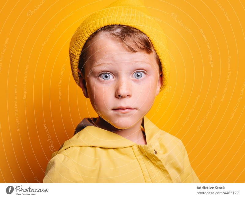 Überraschender Junge schaut in die Kamera gegen eine gelbe Wand im Studio erstaunt Überraschung Erstaunen farbenfroh Schock Stil Herbst Porträt Kindheit omg wow