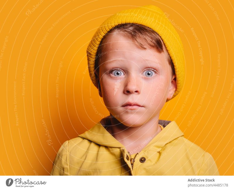 Überraschender Junge schaut in die Kamera gegen eine gelbe Wand im Studio erstaunt Überraschung Erstaunen farbenfroh Schock Stil Herbst Porträt Kindheit omg wow