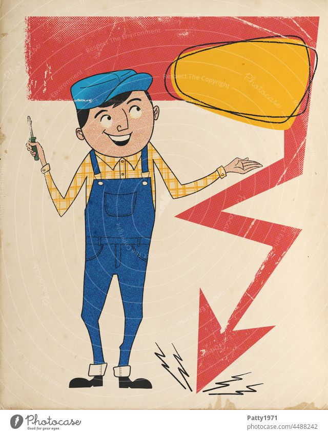Elektriker mit Schraubendreher schaut lächelnd auf eine orangefarbene Fläche mit Platz für Text. Retro Illustration im Stil der 50er, 60er Jahre Mid Century