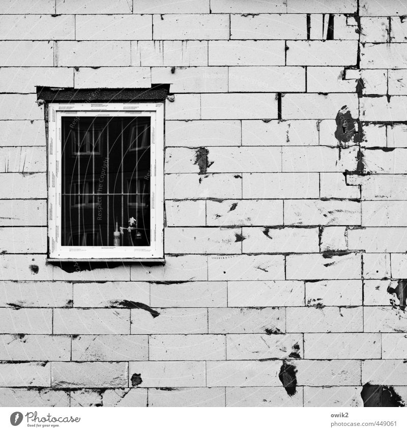 Rohbau Bauwerk Gebäude Architektur Mauer Wand Fassade fest Fenster Fensterscheibe Stein Fuge rau Baustelle Gitter eckig einfach Beton Spuren Fleck dreckig
