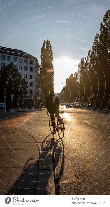 Fahrradfahrer auf Straße in Großstadt im Gegenlicht Rad fahren radeln urban Kreuzung Verkehr Verkehrswege Fahrradfahren Radfahren Radfahrer Sport Transport