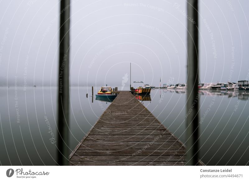 Holzsteg mit Booten im Nebel durch ein Gitter. See Wasser ruhig Steg Morgendämmerung Landschaft Seeufer Himmel Farbfoto Außenaufnahme Reflexion & Spiegelung