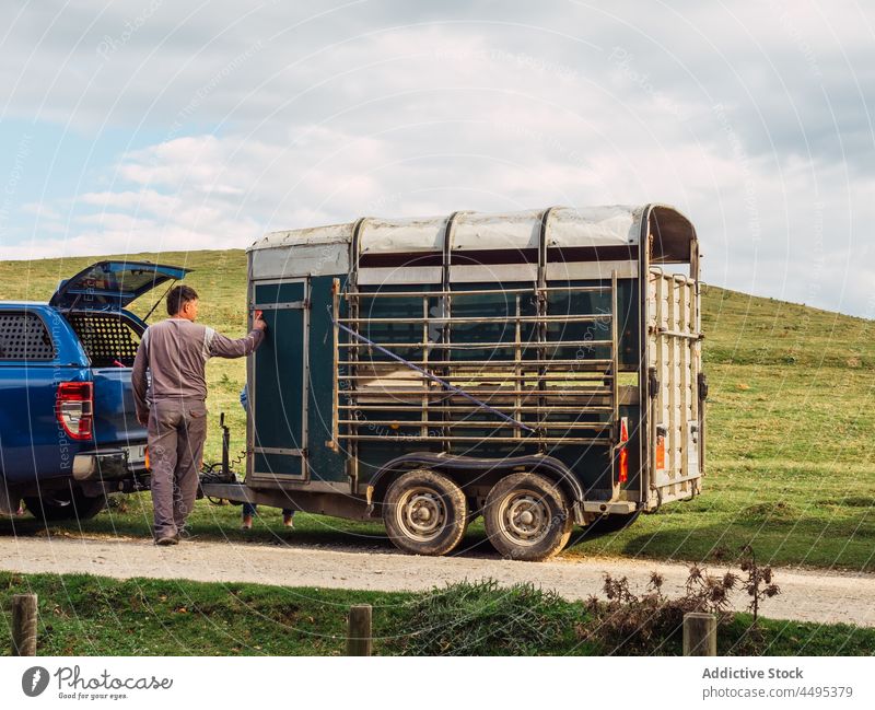 Anonymer Landwirt steht auf der Straße in der Nähe eines Viehanhängers Mann Anhänger Viehbestand suv Landschaft Hügel Natur PKW Fahrzeug Verkehr männlich lässig