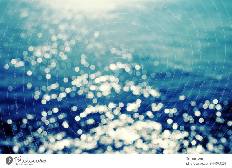 Nordsee mit Lichtpunkten Wasser Meer Sonnenlicht blau Unschärfe Wellen glänzend Natur Menschenleer Außenaufnahme Dänemark