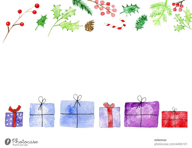 Weihnachten Aquarell Aqarell Textfreiraum Rahmen Geschenke Weihnachtsgeschenke Tannenzweige Ilex Beeren Hintergrund weiß weisser weißer Hintergrund freigestellt