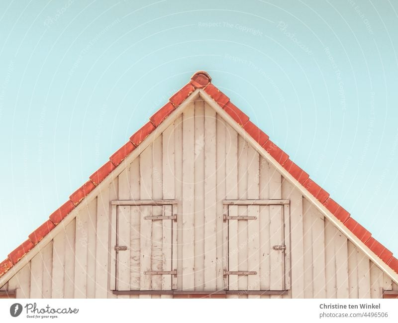 Hausgiebel mit Holzfassade und zwei geschlossenen Türen vor zartblauem Himmel Giebel Dachgiebel verschlossen zu Scharniere Fassade Gebäude Wand Bauwerk