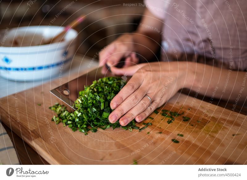 Frau hackt grüne Zwiebeln auf einem Holzbrett in der Küche hacken Kraut Schneidebrett Koch frisch Mahlzeit Bestandteil Lebensmittel Gesundheit vorbereiten