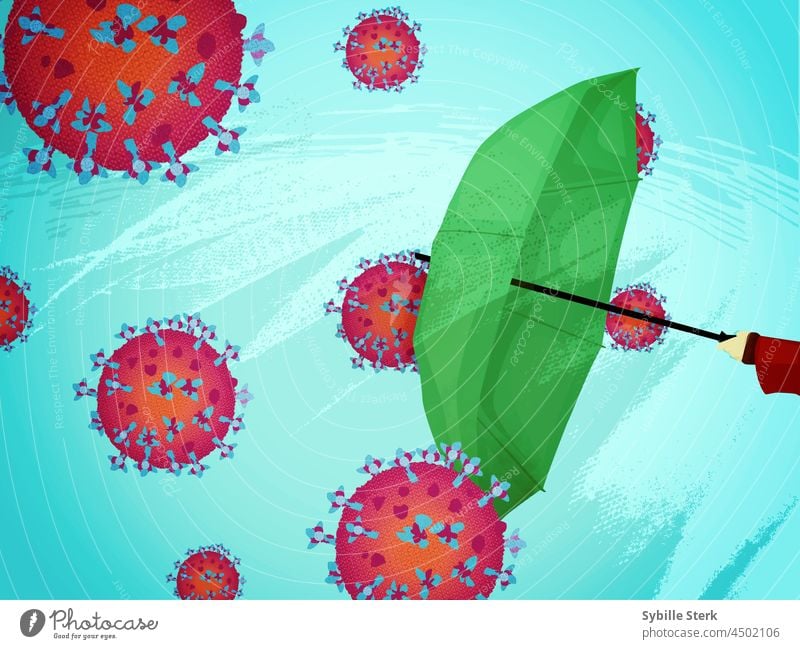 Hand mit Regenschirm, die Viruszellen aufhält konzeptionell Medizin Krankheit Seuche Pandemie covid-19 Coronavirus COVID Korona Gesundheitswesen Quarantäne