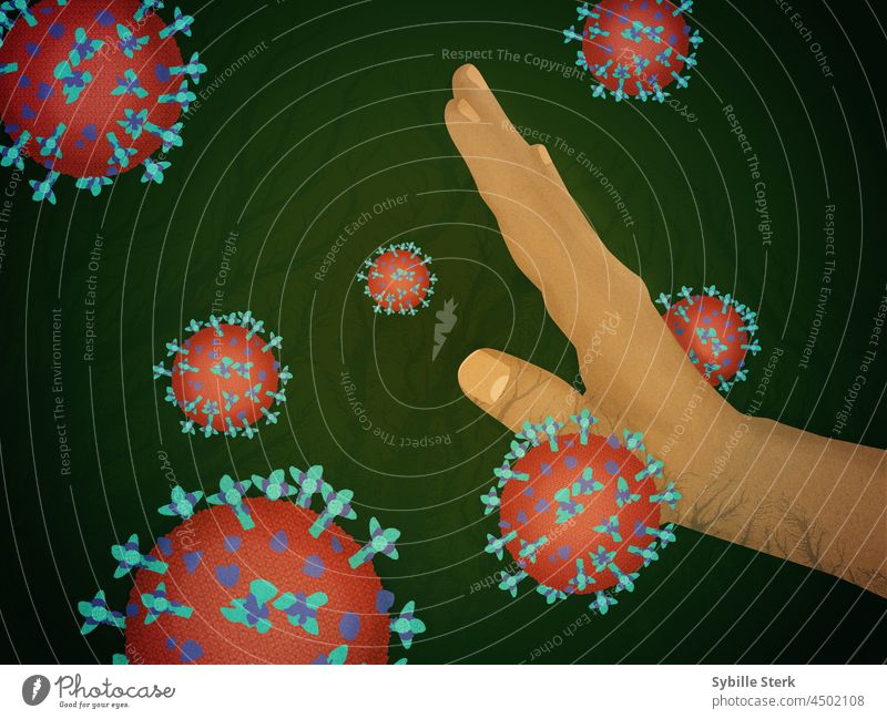 Hand, die versucht, einen Virus zu stoppen COVID Bakterien Infektion infiziert Gesundheit Krankheit Schutz Medizin Krankenhaus im Krankenhaus Grippe kalt