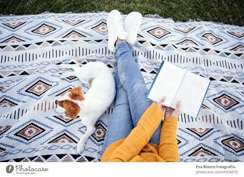 Draufsicht auf eine Frau, die sich mit einem Jack-Russell-Hund im Park vergnügt, auf einer Decke sitzend, während der Herbstzeit. Frau liest ein Buch und kuschelt mit dem Hund. Haustiere und Liebe Konzept