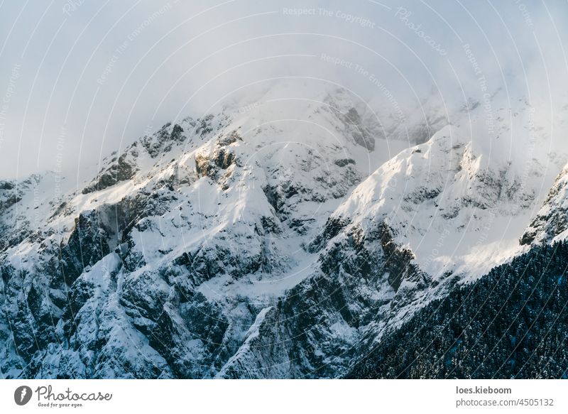 Schneebedeckte alpine Berge mit wolkenverhangenen Gipfeln an der Mieminger Kette, Tirol, Österreich Berge u. Gebirge Winter Nebel weiß Felsen mieminger kette