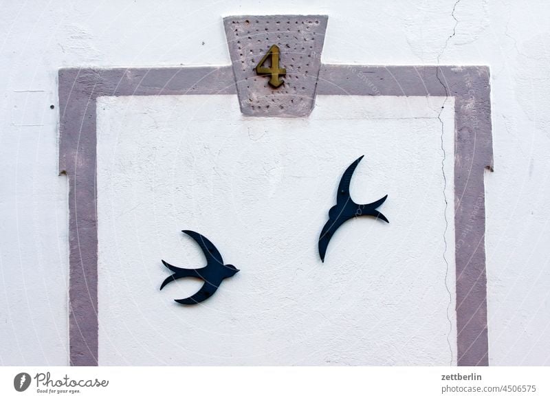 Zwei Schwalben vogel schwalbe bild wandbild fenster rahmen fliegen haus fassde illustration malerei wandmalerei haus hausnummer 4 ziffer zahl zwei paar kunst