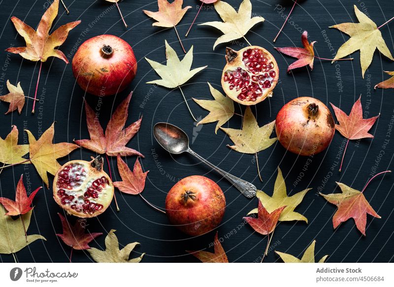 Getrocknete Herbstblätter mit Granatapfel auf Tellern Frucht Zusammensetzung Scheibe Streuung getrocknet halbiert reif geschmackvoll lecker Gesundheit Saison