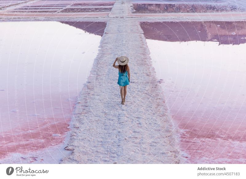 Frau steht in salzigem See mit rosa Wasser Salz Geologie Lagune übersichtlich Freiheit Gärung Mineral Stausee Becken Formation stehen Landschaft Frieden