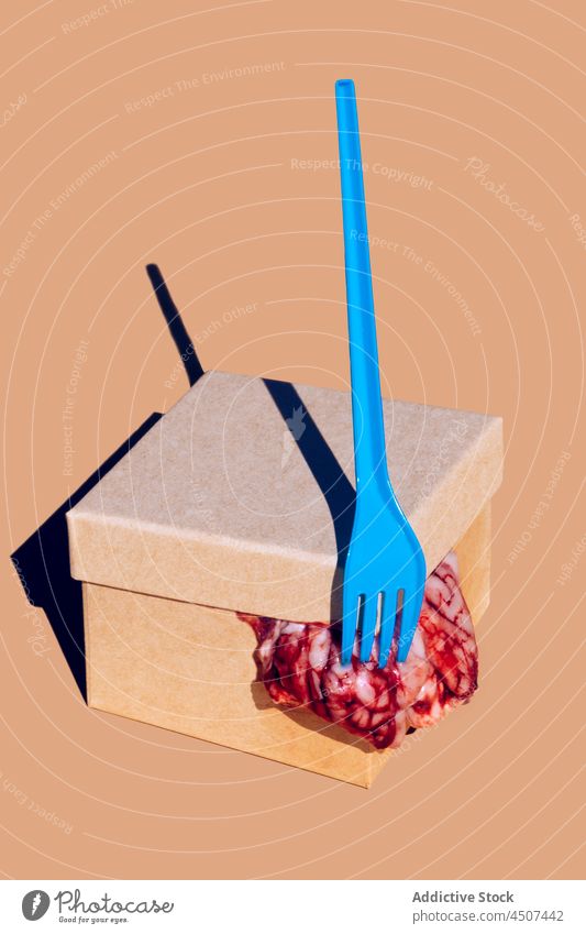 Gehirne, die aus der Schachtel kommen Nährstoffversorgung Organ roh Lebensmittel ungewöhnlich Konzept Karton Kasten Container liefern Kunststoff organisch