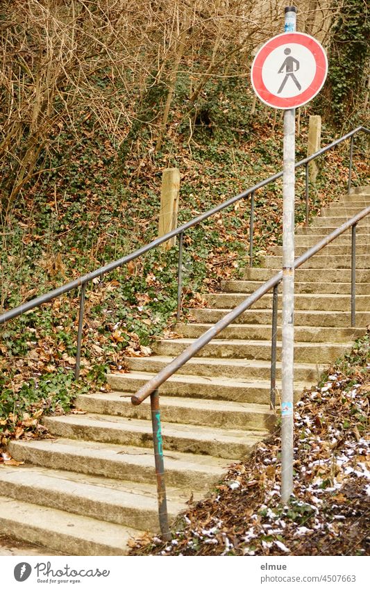 Verkehrszeichen - Verbot für Fußgänger - seitlich einer Treppe mit Handlauf in einem Park / VZ 259 Verkehrsschild Durchgangsverbot Piktogramm Aufstieg