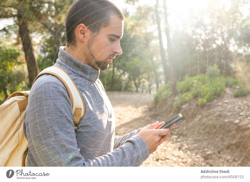 Ernster ethnischer Mann benutzt Smartphone im Wald Nachricht Natur benutzend Konzentration Baum Berge u. Gebirge Reisender Trekking Aktivität Ausflug männlich