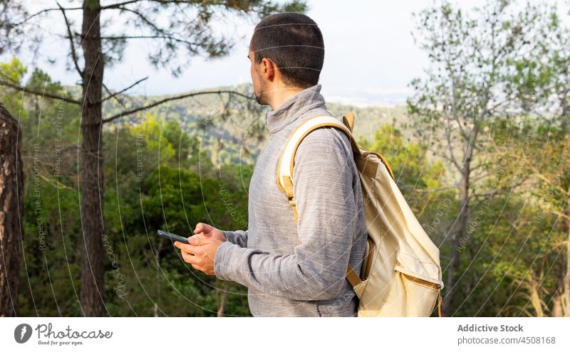 Ethnischer Mann benutzt Smartphone im Wald Nachricht Natur benutzend Konzentration Baum Berge u. Gebirge Reisender Trekking Aktivität Ausflug männlich jung
