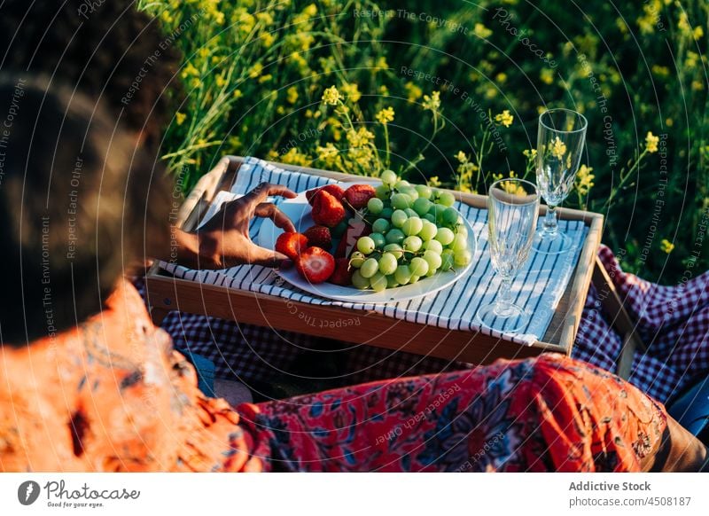 Frau beim Picknick auf einem Feld Partnerschaft Liebe Rasen romantisch Termin & Datum Zuneigung Bonden Freundin Erdbeeren Afroamerikaner schwarz