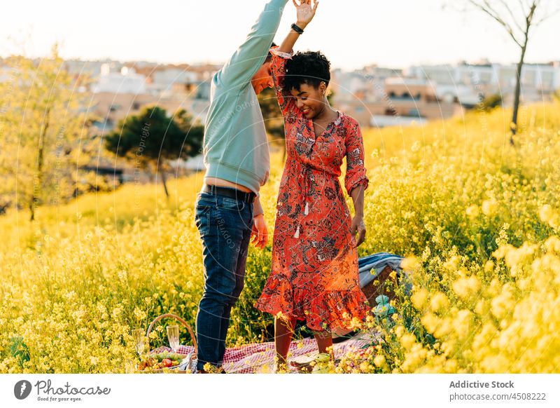 Romantisches multiethnisches Paar tanzt auf einer Wiese im Sonnenlicht Tanzen romantisch Termin & Datum Picknick Zusammensein Liebe Partnerschaft Händchenhalten