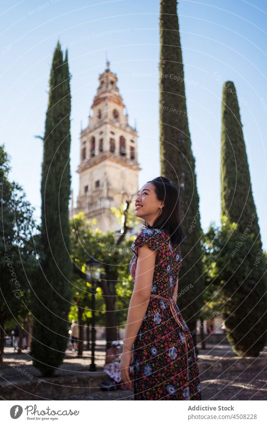 Positive asiatische Frau in der Nähe historischer Gebäude und Bäume Straße Stadt gealtert Baum Tourist Architektur beobachten mittelalterlich Pflanze bewundern