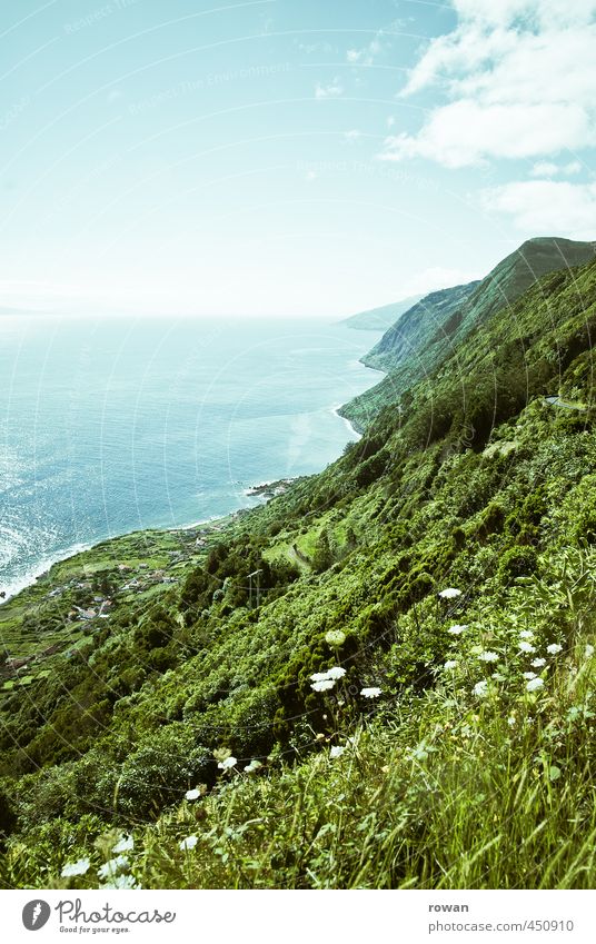 kueste Umwelt Natur Landschaft Pflanze Hügel Felsen Berge u. Gebirge Wellen Küste Meer Insel grün Azoren Sommerurlaub sommerlich Wärme wandern Farbfoto