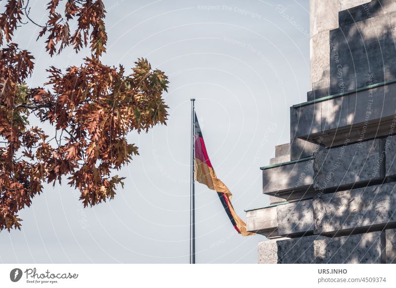 eine Deutschlandflagge weht an einem Mast zwischen der Baumkrone in den Farben des Herbstes und dem Schatten ihrer herbstlichen Blätter auf den Steinen des Gebäudes