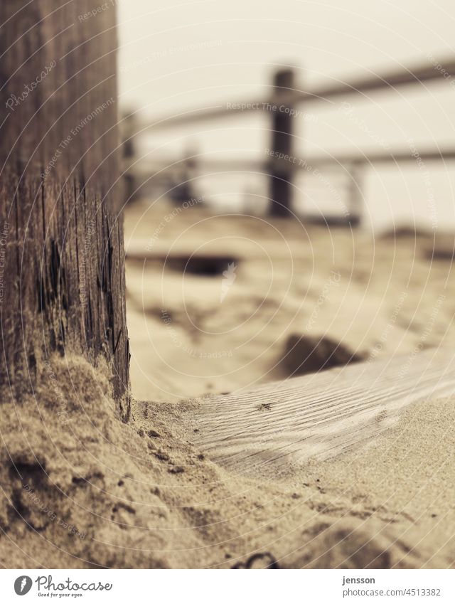 Holzbalken im Sand an einem Pfahlbau in St. Peter-Ording Holzbrett Maserung Strukturen & Formen Außenaufnahme Farbfoto Menschenleer Muster Nahaufnahme abstrakt