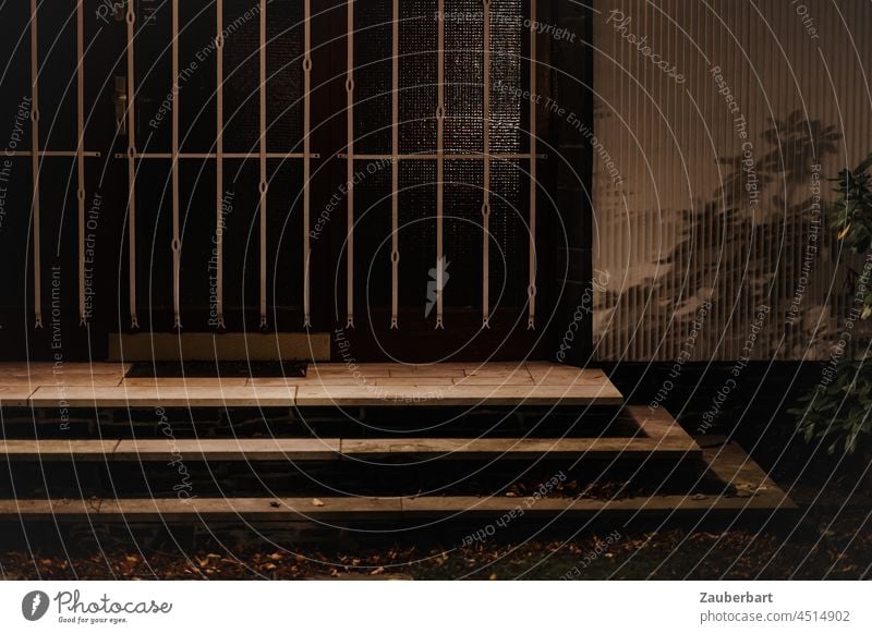 Haustür, Stufen und Streifen, Schatten bei Nacht Glas 60er Busch Treppe Architektur Strukturen & Formen Gebäude Gitter Linie Muster abstrakt Bauwerk