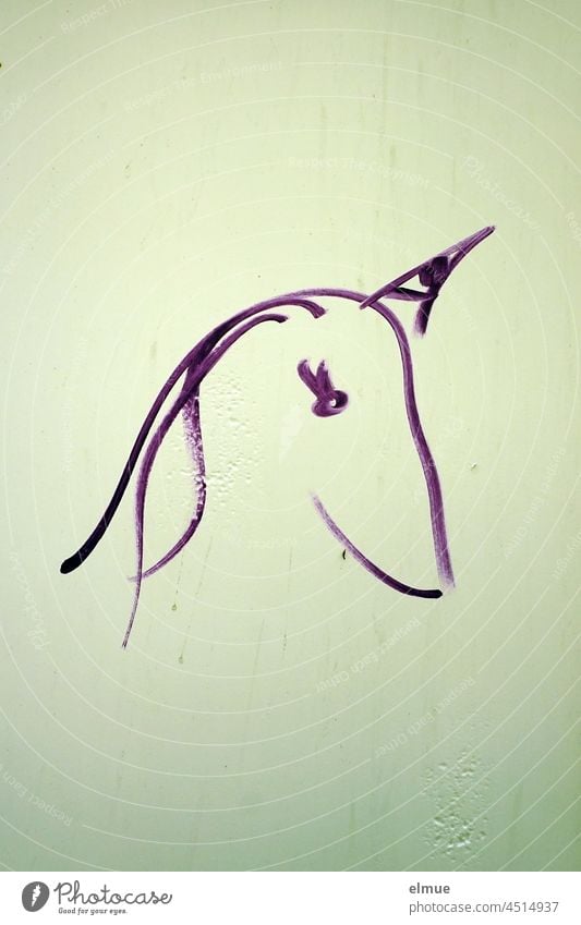 mit lila Farbe gezeichneter Kopf eines Einhorns auf einer Metallfläche / Fabelwesen / Skizze unicorn unicortis spirituell Symbolkraft Reinheit Unschuld Freiheit