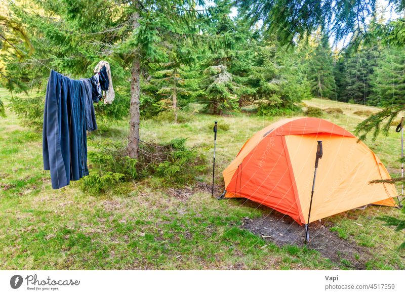 Zeltlager mit Wäschetrockner Wald Kleidung Natur Lager Landschaft Berge u. Gebirge schön Baum orange trocknen Trocknen von Wäsche Familienzelt wandern