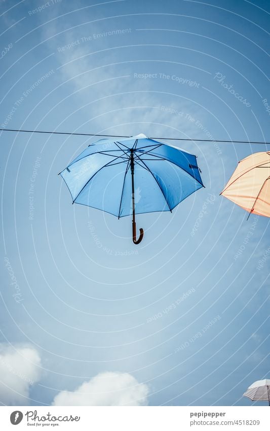 Regenschirme an einem Seil in luftiger Höhe befestigt fliegen fliegend blau Blauer Himmel Blauer Hintergrund Schönes Wetter Außenaufnahme Farbfoto