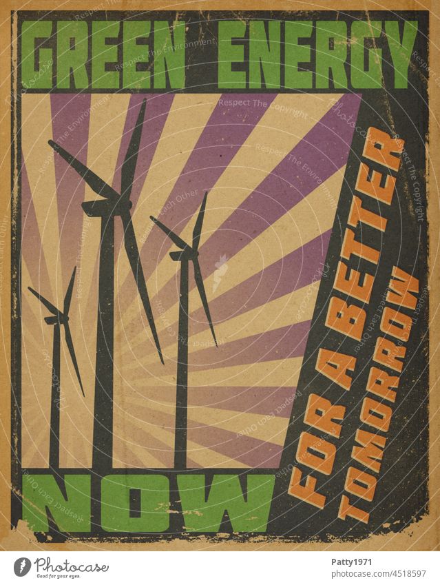Retro Propaganda Poster mit Text GREEN ENERGY NOW. Windräder vor stilisiertem Sonnenstrahlen Hintergrund propaganda poster windkraft windrad green enregy retro