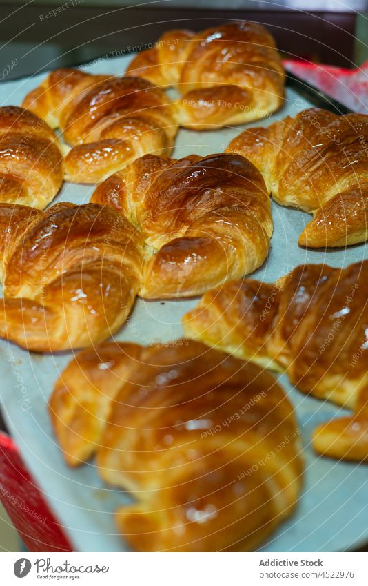 Frisch gebackene Croissants auf einem Backblech geschmackvoll Gebäck lecker Lebensmittel Bäckerei selbstgemacht Tablett süß frisch Dessert Tageslicht Küche