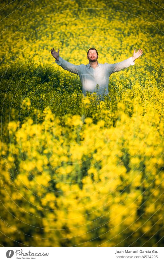Mann mittleren Alters mit der Sonne zugewandten Armen, in einer Haltung der Dankbarkeit in einem Feld mit wilden Blumen Umarmung beten Empfang Freiheit