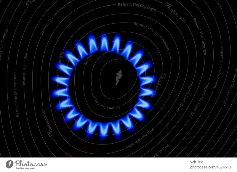 Blaue Gasflamme eines Küchenherdes in Vogelperspektive vor schwarzem Hintergrund Herd Freisteller Energie Erdgas Flamme kreisen kreisförmig Gasherd Kochen