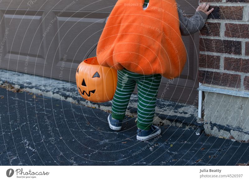 18 Monate altes Kleinkind, das ein Kürbiskostüm mit einer Kürbislaterne trägt, während es Süßes oder Saures gibt; Plastikeimer für Süßes oder Saures Halloween