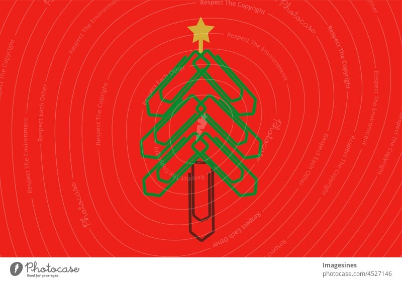 Frohe Weihnachten im Büromaterial modell. Weihnachtsbaum aus Büroklammern auf rotem Grund. Büroklammer Weihnachtsbaum. Weihnachten Hintergrund. Vektor-Illustration
