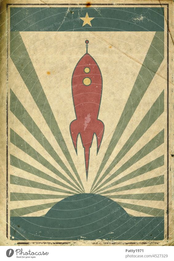 Retro Revolution Propaganda Poster. Stilisierte Rakete und Sonnestrahlen auf grunge Papier Hintergrund Plakat retro hintergrund Grunge altehrwürdig