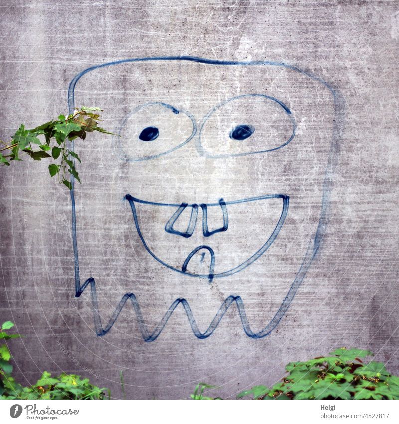 keep smiling - gemaltes Monstergesicht auf einer Betonwand Gesicht Kunstwerk Kreativität kreativ lustig Pflanze freundlich Lachen Idee Zeichnung Freude