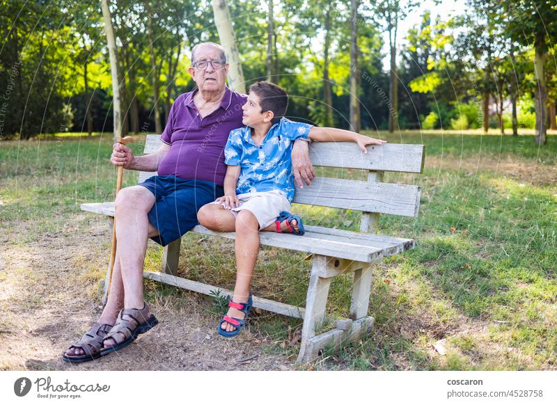 Großvater und sein Enkel sitzen auf einer Bank im Park Aktivität Alterung Junge Kind Kindheit älter Familie Freunde Generation Enkelkind Großeltern Fröhlichkeit